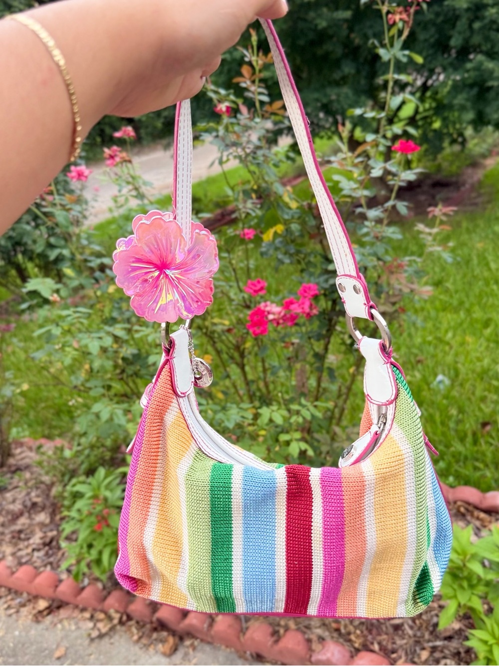 The Sak Rainbow Stripe Kids Shoulder Bag with Pink Plush Charm - Picture 4 of 13